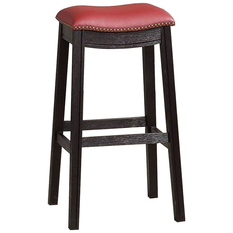 29 Inch Wooden Bar Stool with Upholstered Cushion Seat, Set of 2, Gray and Red-Benzara