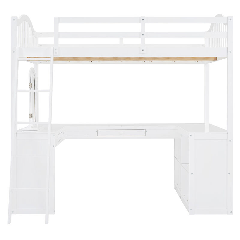 Merax Loft Bed with U-shaped Desk and Tri-fold Mirror