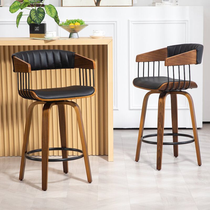 Glamour Home Beaumont Black Faux Leather Counter Stool with Walnut Wood Frame and Legs