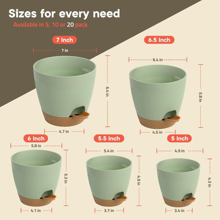Green Self Watering Pots 20 Pack with Wick Rope & Drainage Holes, Indoor Outdoor Plastic Planters for Succulents, Herbs & Houseplants