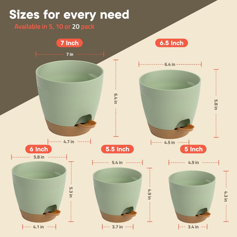 Green Self Watering Pots 20 Pack with Wick Rope & Drainage Holes, Indoor Outdoor Plastic Planters for Succulents, Herbs & Houseplants image number 1