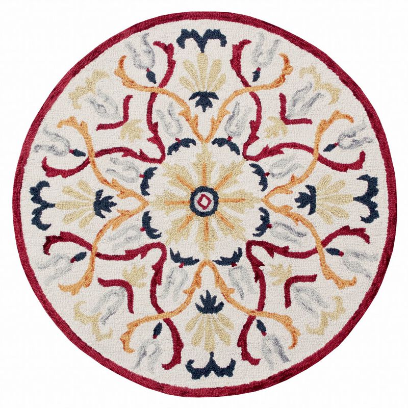 4 Round Red and Ivory Floral Filigree Area Rug