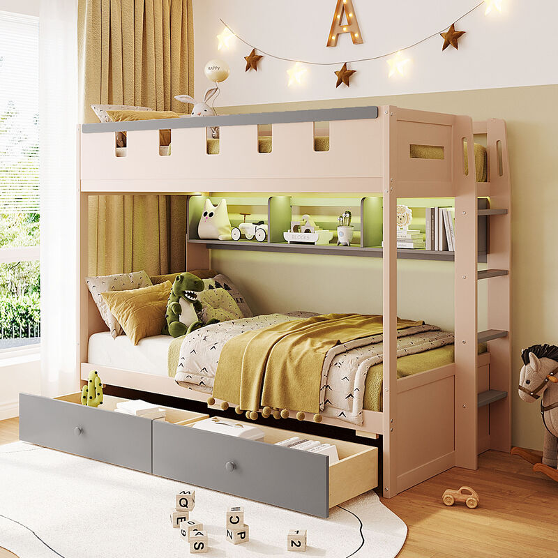 Merax Castle Style Loft Bed with LED Nightlight, Storage Shelves & Under-Bed Drawers image number 2