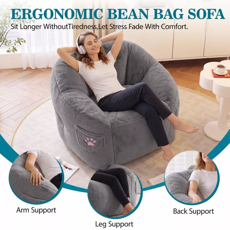 Vipbear Bean Bag Chair for Adults,Faux Fur Memory Foam Bean Bag Couch Sofa High Back, Reading Chair image number 2