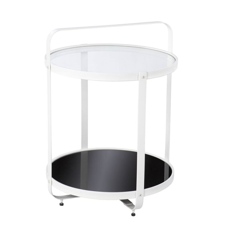 Homezia 27" White Glass And Iron Round End Table With Shelf