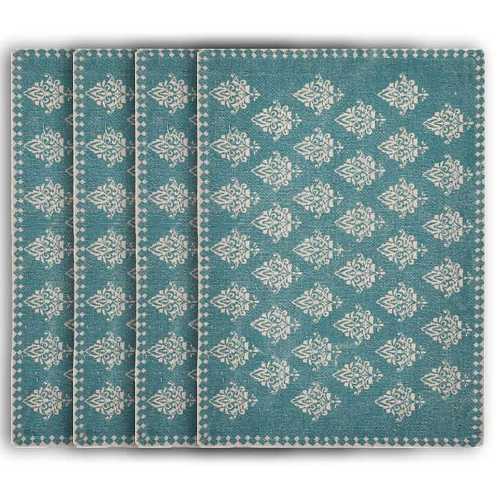 HomeRoots 19" Set of Four Cream And Turquoise Damask Cotton Placemats
