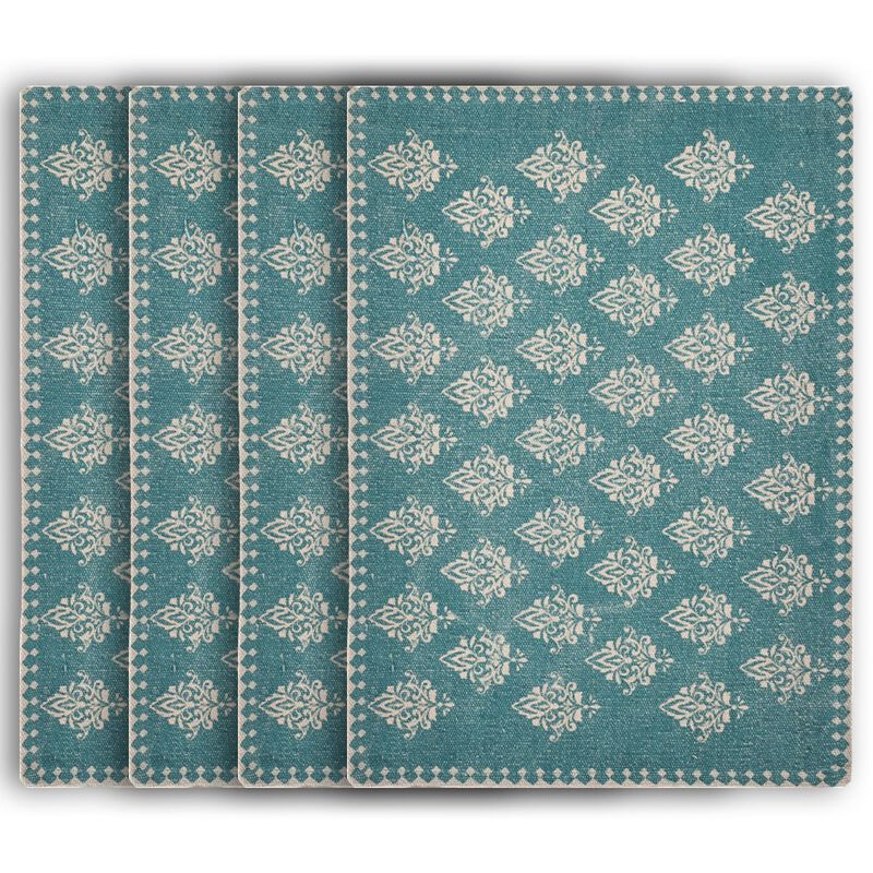 HomeRoots 19" Set of Four Cream And Turquoise Damask Cotton Placemats image number 0