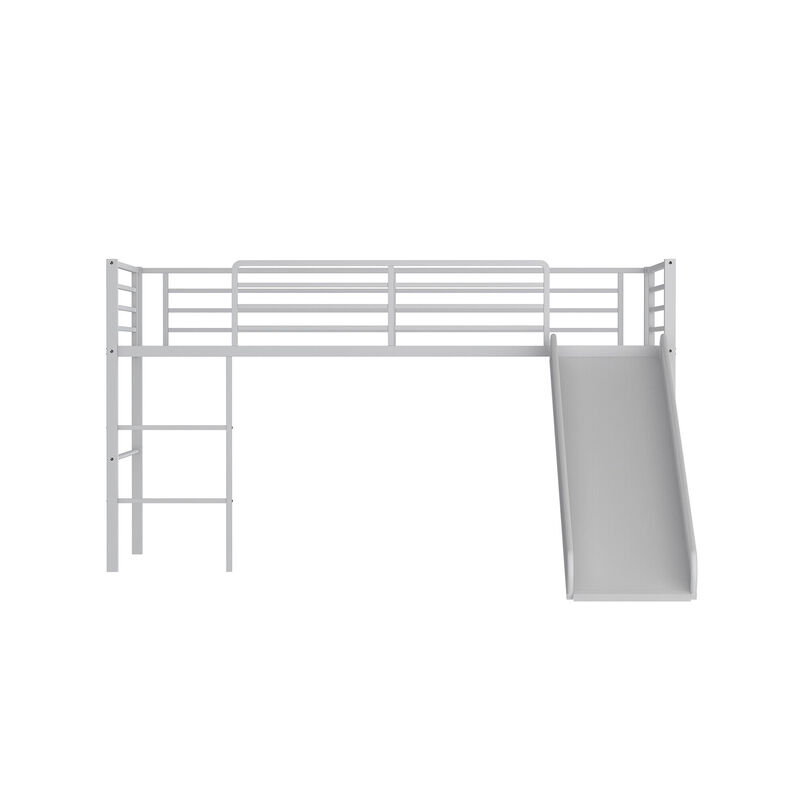 Twin Metal Loft Bed with Slide Safety Guardrails and Built-in Ladder