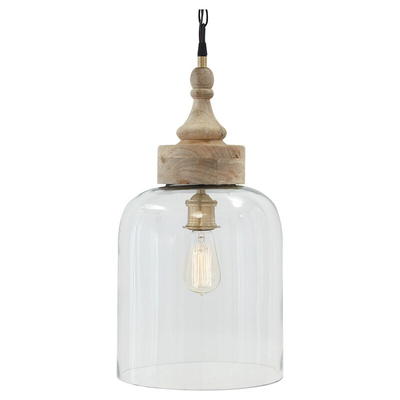 Inverted U Glass Pendant Light with Wood Finial Crown Top, Brown and Clear - Benzara
