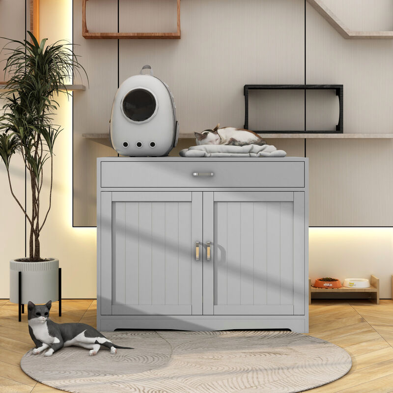 Litter Box Enclosure, Cat Litter Box Furniture with Hidden Plug, 2 Doors, Indoor Cat Washroom Storage Bench Side Table Cat House, Large Wooden Enclosed Litter Box House, Grey