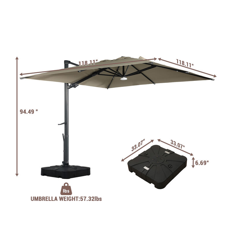 MONDAWE 10 ft. Square Outdoor Cantilever Umbrella Aluminum Frame Tilting Parasol with Detachable Bluetooth LED Light Panel and Weighted Based