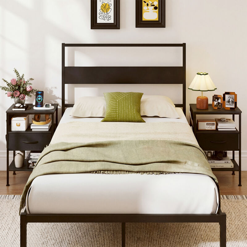 Modern Nightstand with Charging Station, Fabric Drawer Bedside Table image number 2