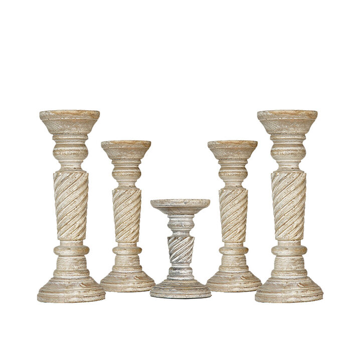 Traditional Antique White Eco-friendly Handmade Mango Wood Set Of Five 12",9",6",9" & 12" Pillar Candle Holder BBH Homes