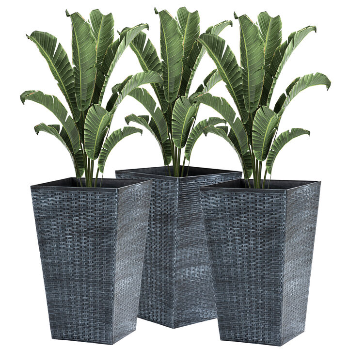 Outsunny Set of 3 Tall Planters with Drainage Hole, Outdoor Flower Pots, Indoor Planters for Porch, Front Door, Entryway, Patio and Deck, Gray