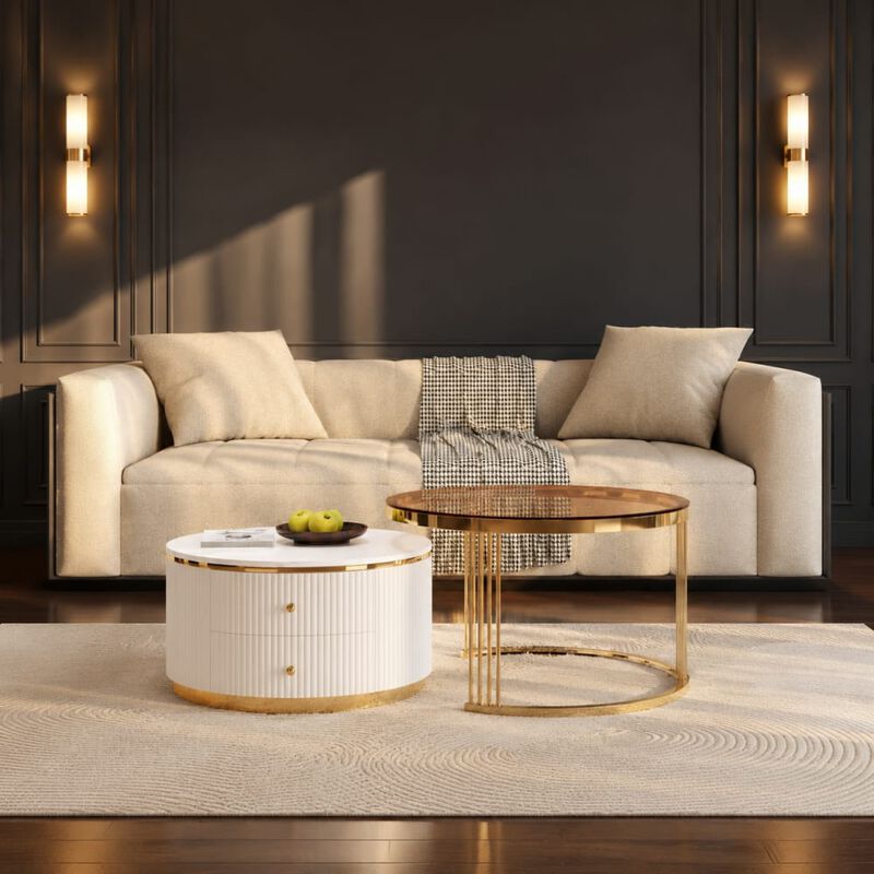 GOODSILO Modern 2-Piece Round Nesting Coffee Table Set with Storage Drawers, Space-Saving Versatile Furniture for Living Room and Small Home Spaces image number 2