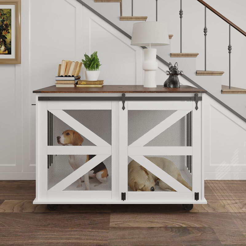 47.2" Mobile Dog Crate with Flip-Top Feeding Door, Dual-Access & 5 Caster System, Side Hooks image number 1