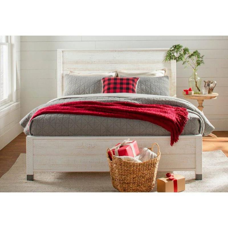 Hivvago Full Size Solid Wood Platform Bed Frame with Headboard in Rustic White Finish