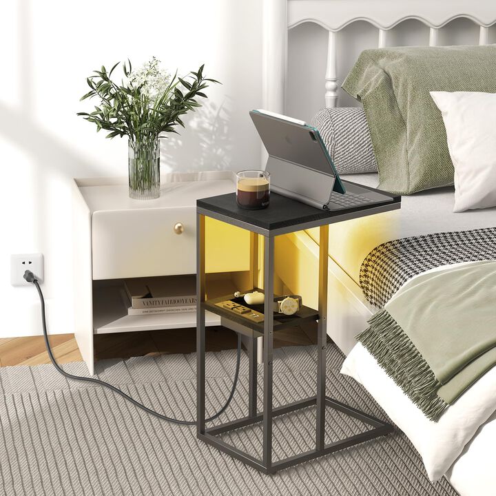 Yoobure LED C Shaped End Table with Charging Station, Small Side Tables for Living Room Bedroom, TV Tray Table with USB Ports an
