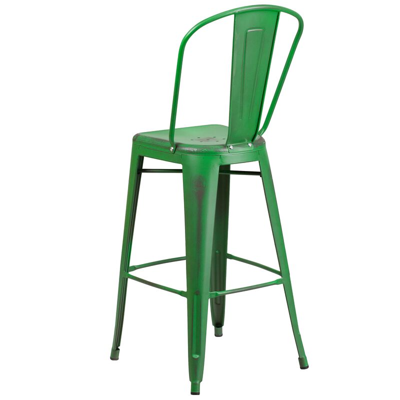 Flash Furniture Commercial Grade 30" High Distressed Green Metal Indoor-Outdoor Barstool with Back