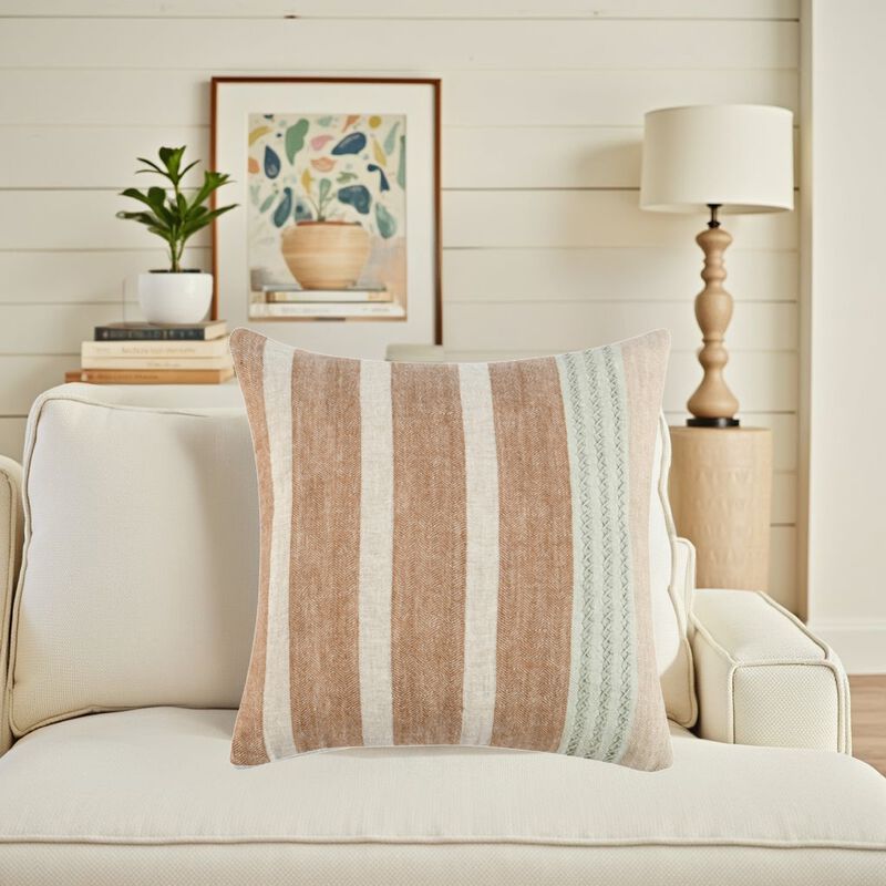 Chia Throw Pillow, 22 Inch Brown White Coastal Striped Linen Pattern - Benzara