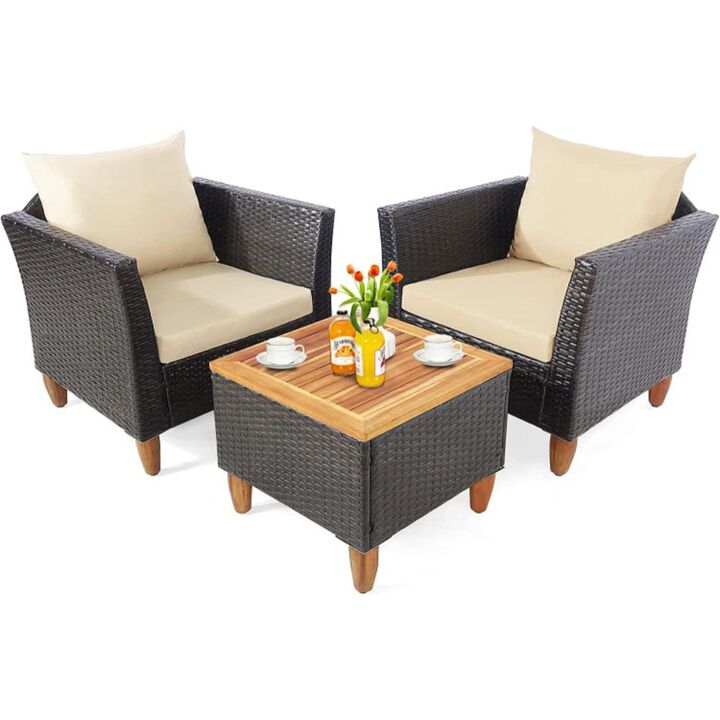 Hivvago 3 Pieces Patio Rattan Bistro Furniture Set with Wooden Table Top