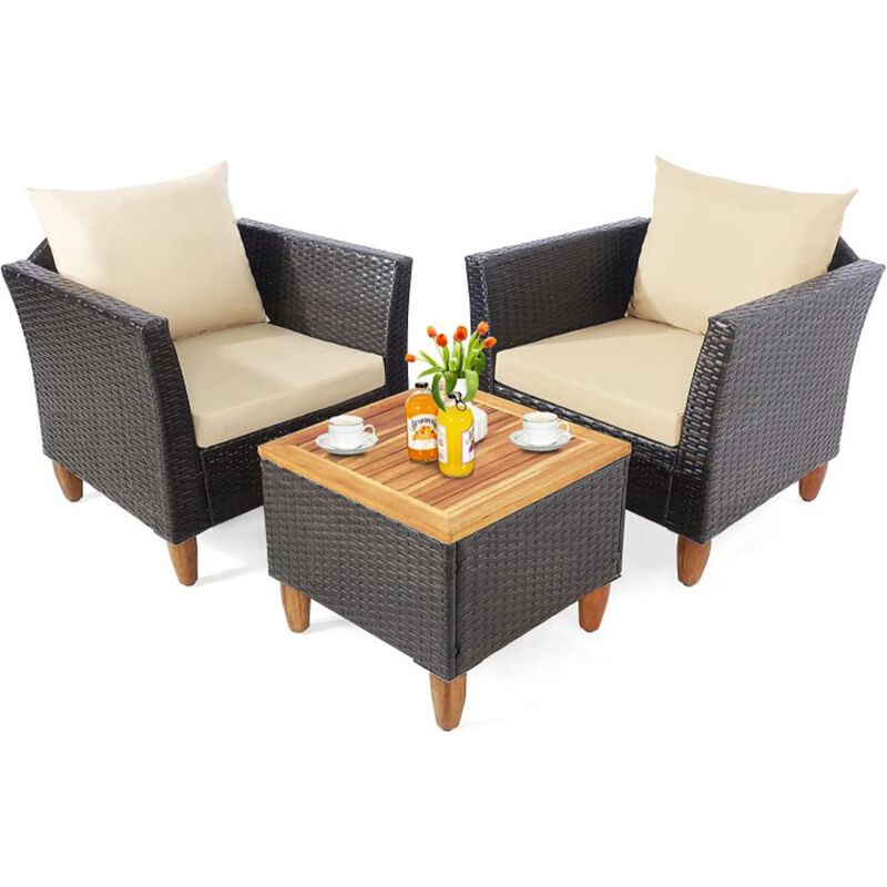 Hivvago 3 Pieces Patio Rattan Bistro Furniture Set with Wooden Table Top
