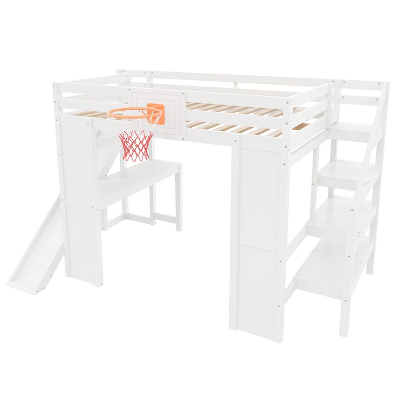 Merax Full Size White Wooden Loft Bed with Staircase Desk, Slide & Basketball image number 0