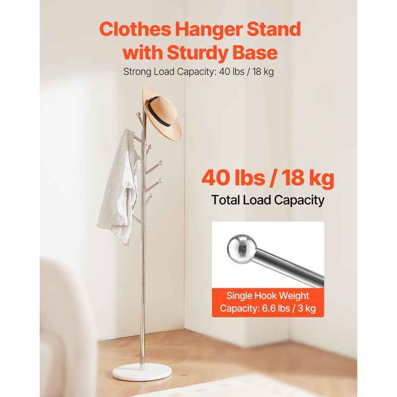 Modern Coat Rack with Marble Base and 8 Hooks, Freestanding Hall Tree image number 7