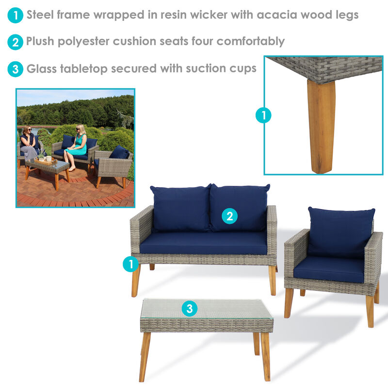 Sunnydaze Clifdon Rattan and Acacia 4-Piece Patio Conversation Set - Blue image number 3