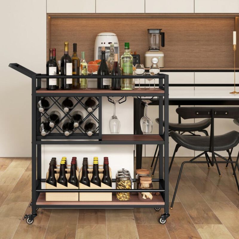 Hivvago 3-tier Bar Cart on Wheels Home Kitchen Serving Cart with Wine Rack and Glasses Holder