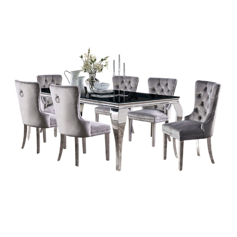 Vendy 7pc Dining Set with Tempered Glass Table, Gray Wingback Chairs image number 2
