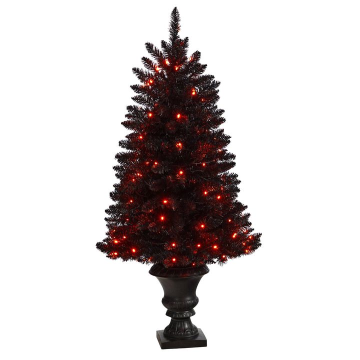 Nearly Natural 4-ft Black Halloween Artificial Christmas Tree in Urn with 100 Orange LED Lights