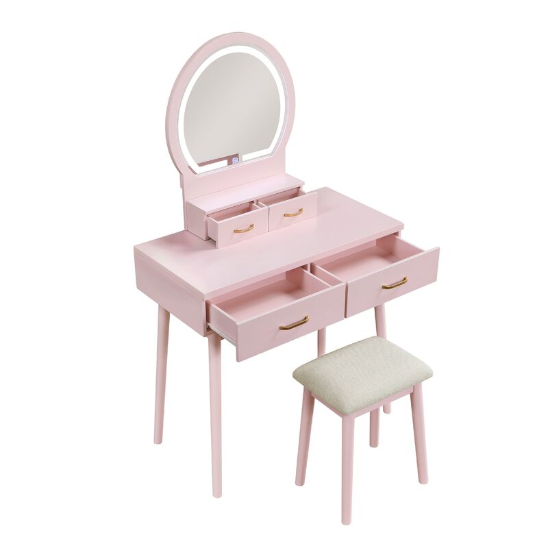 Anvy Vanity Desk Set with Mirror and Stool, 4 Drawers, Pink Wood