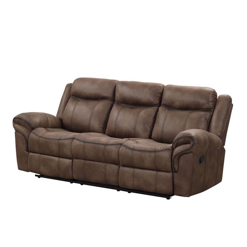 Arisa Sofa and Loveseat Manual Recliner Set, Brown Faux Leather, Drop Table - Benzara