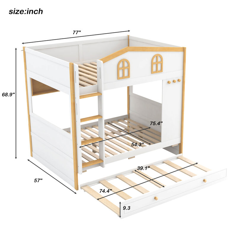 Merax House-Shaped Bunk Bed with Storage Shelves, Side Hooks & Pull-Out Trundle image number 4