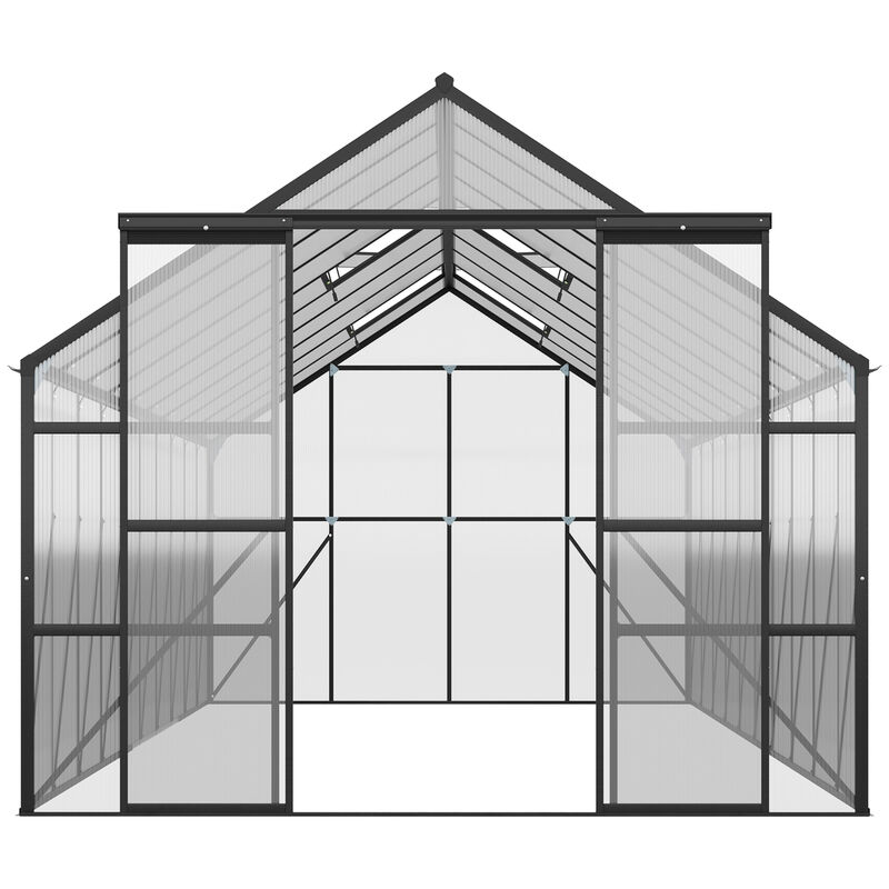 Outsunny 16' x 8' Aluminum Greenhouse Polycarbonate Walk-in Garden Greenhouse Kit with Adjustable Roof Vent, Rain Gutter and Sliding Door for Winter, Clear