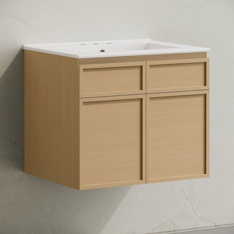 24" Wall-Mounted Bathroom Vanity in Natural Oak with 3-Hole Centerset Sink Top image number 1