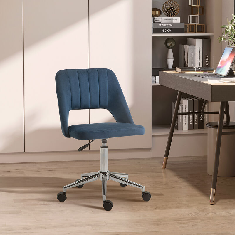 Vinsetto Modern Mid Back Office Chair with Velvet Fabric, Swivel Computer Armless Desk Chair with Hollow Back Design for Home Office, Blue