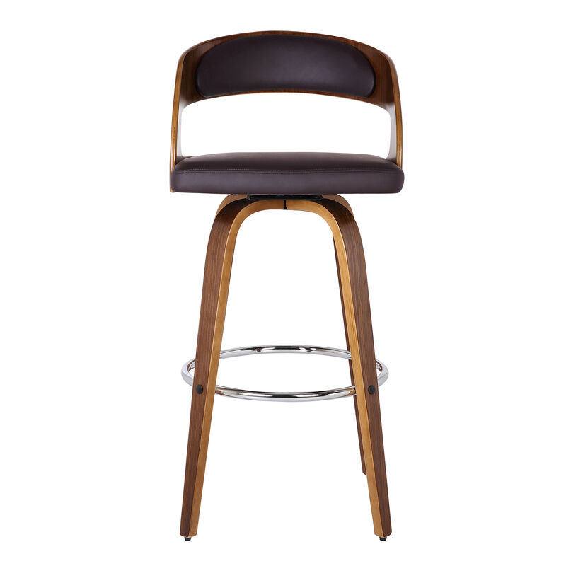 Shelly Bar Height Swivel Brown Faux Leather and Walnut Wood Bar Stool