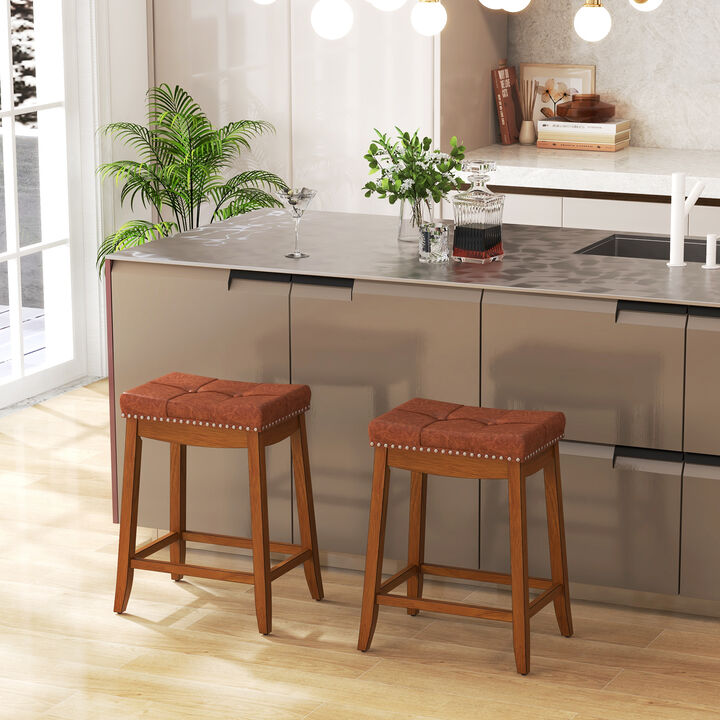 Set of 2 Upholstered PU Leather Bar Stools with Saddle Seat