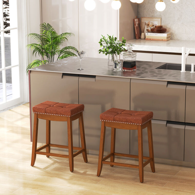 Set of 2 Upholstered PU Leather Bar Stools with Saddle Seat