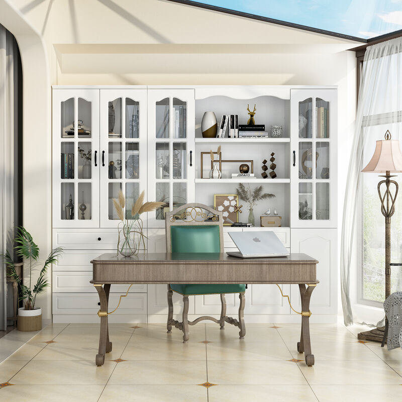 FUFU&GAGA Elegant Bookcase Cabinet with Glass Doors and 6 Drawers – Adjustable Shelves, P2 MDF, Modern Storage Solution for Living Room, Study, or Dining Area , (94.5”W x 78.7”H x 15.7”D),White