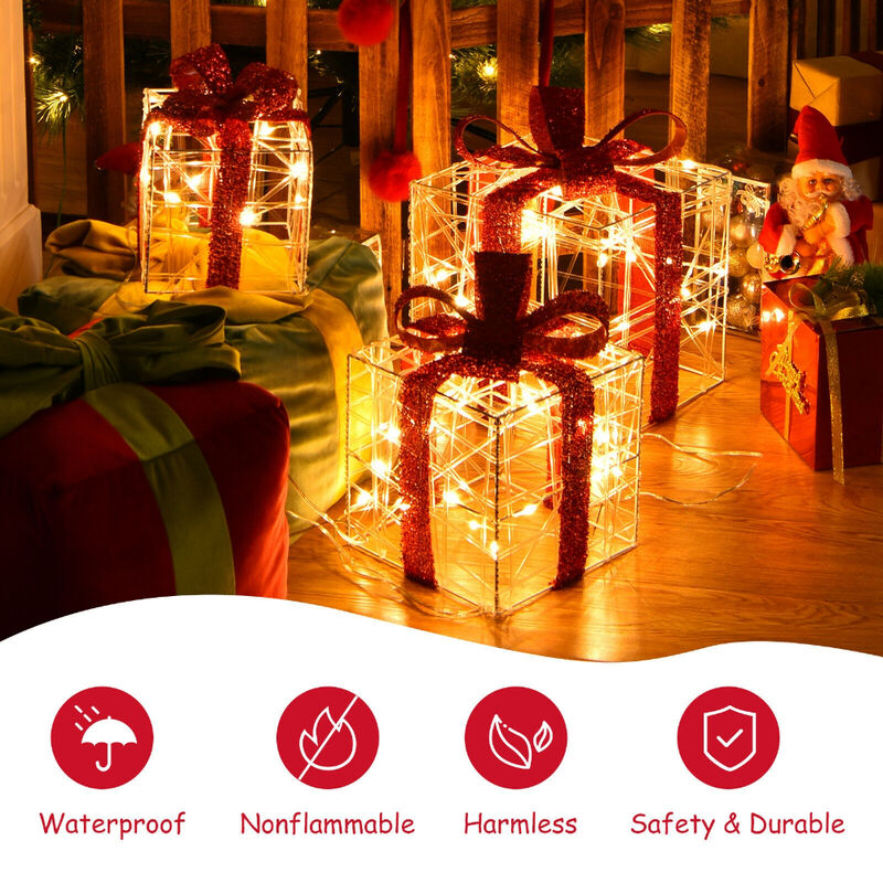 3 Pieces Christmas Lighted Gift Boxes Decorations with 60 LED Lights for Indoor and Outdoor image number 2