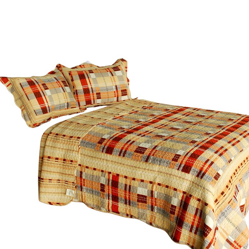 Cotton Queen Size 3PC Plaid Printed Quilt Set Enthusiasm Waltz Vermicelli Quilted Set image number 1