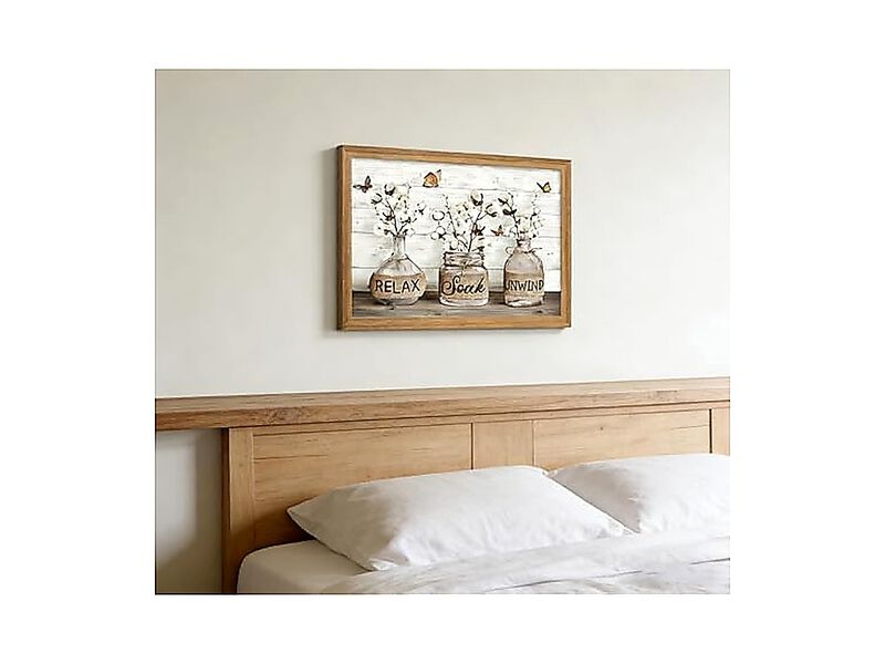 Framed Farmhouse Bathroom Canvas Wall Art Brown Rustic Cotton Flower Decor Relax image number 3