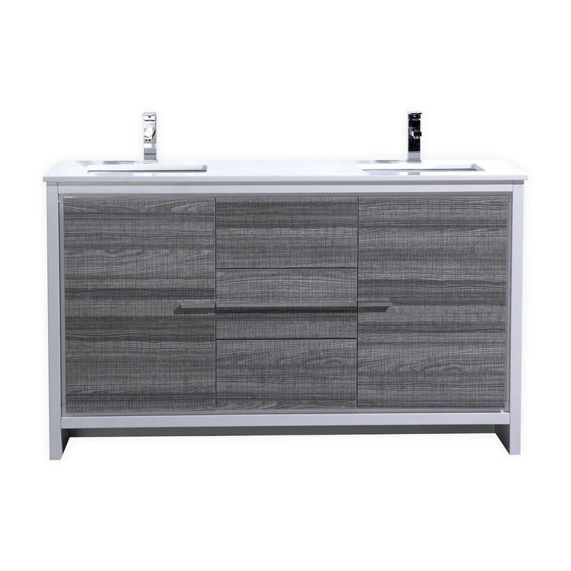 Kubebath 60″ Double Sink Ash Gray Modern Bathroom Vanity with White Quartz Counter-Top