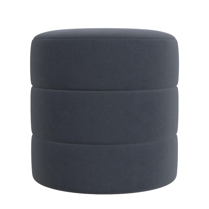 Sem Round Accent Ottoman, Royal Blue Channel Stitched Velvet 18 Inch - Benzara