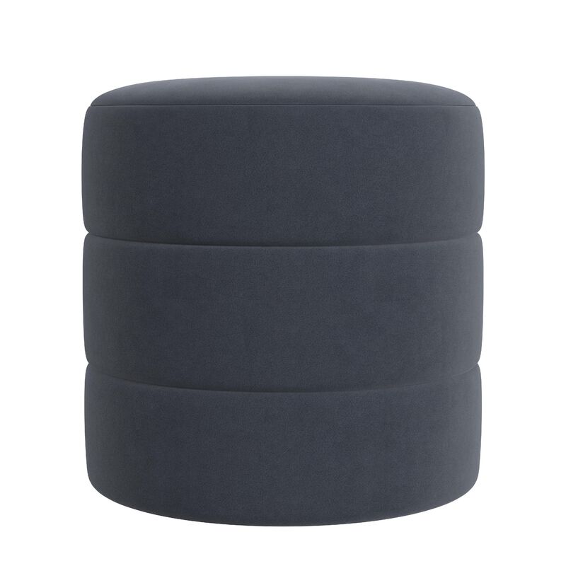 Sem Round Accent Ottoman, Royal Blue Channel Stitched Velvet 18 Inch - Benzara