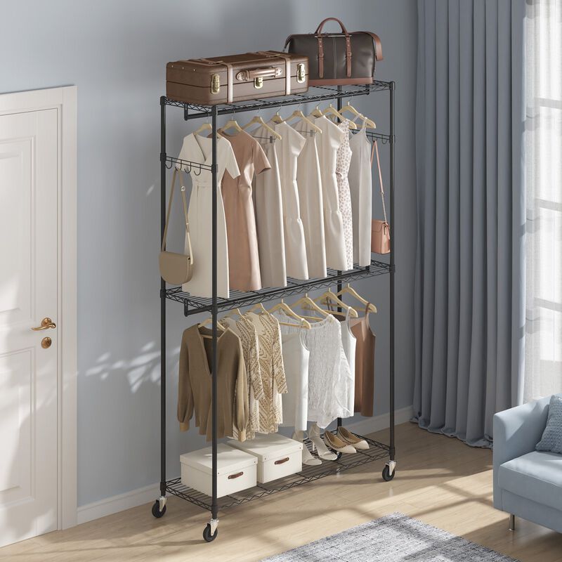 Heavy Duty Rolling Clothing Rack with 3 Tiers, 2 Rods, Hooks, and Adjustable Height
