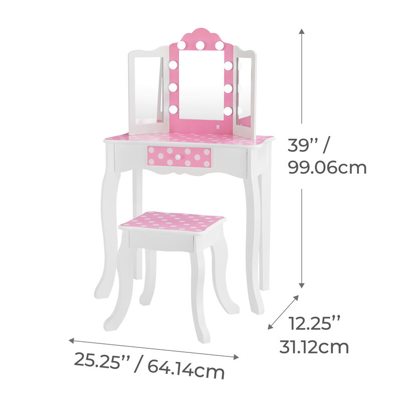 Teamson Kids Engineered Wood Vanity Set with LED Lighted Tri-Fold Acrylic Mirror, Storage Drawer & Stool, White/Pink, Fantasy Fields Gisele Polka Dot image number 4